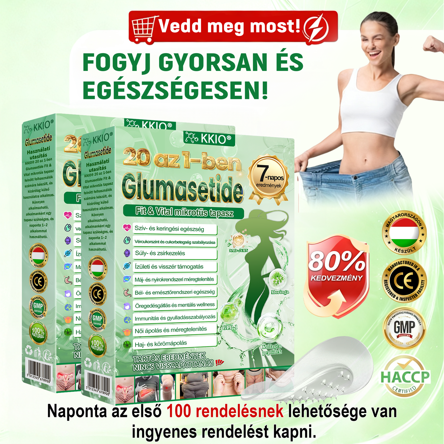 KKIO® 20 az 1-ben Glumasetide Fit & Vital mikrotűs tapasz - 7 napon belül látható változás / Alkalmas elhízás, szív- és érrendszeri egészség, cukorbetegség, alvási apnoé, bélrendszeri egészség, ízületi problémák és számos egyéb állapot esetén.